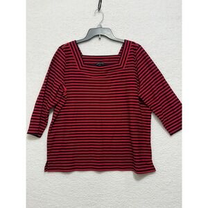 Talbots Plus Size 1X Red Black Striped Square Neck 3/4 Sleeve Textured Top